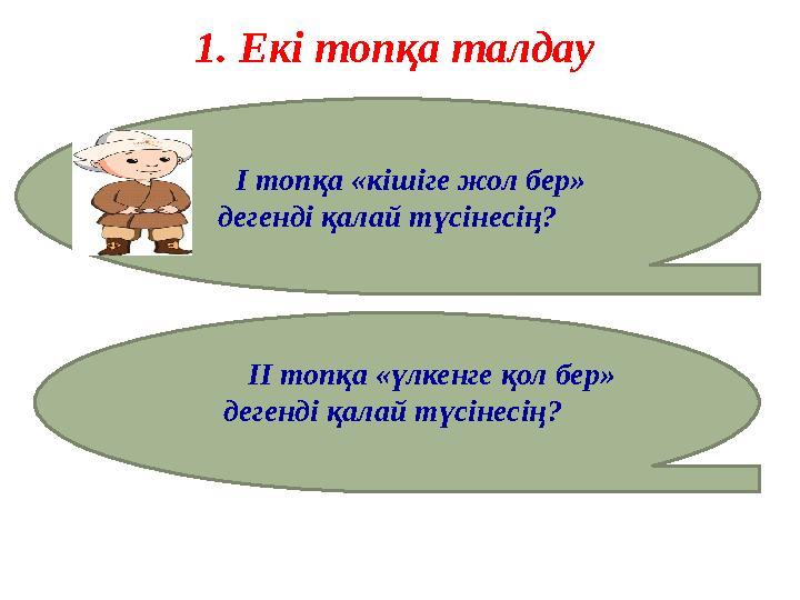 1. Екі топқа талдау І топқа «кішіге жол бер» дегенді қалай түсінесің? ІІ топқа «үлкенге қол бер» деген