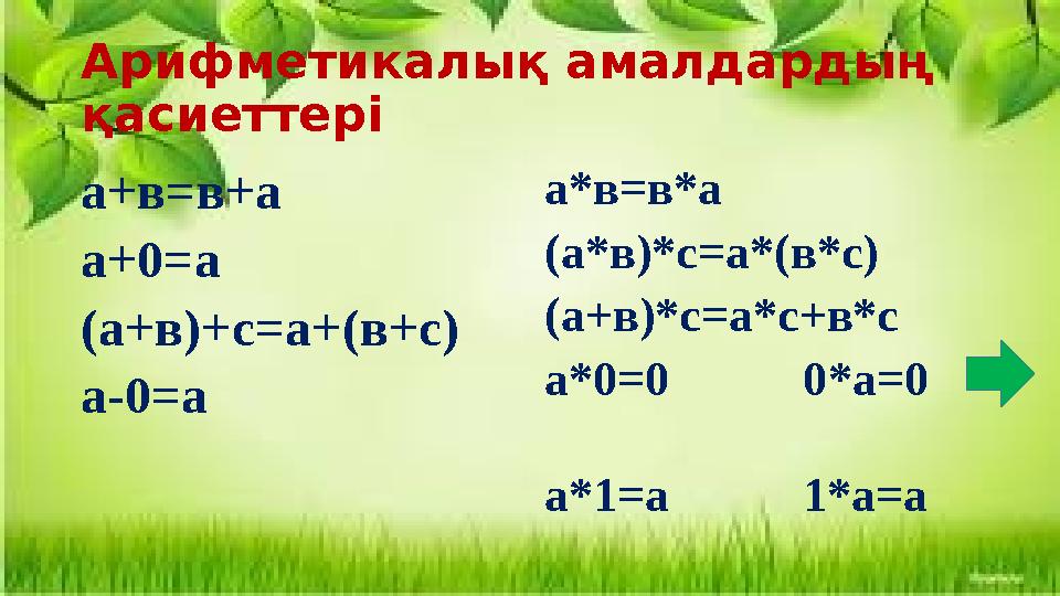 Арифметикалық амалдардың қасиеттері а+в=в+а а+0=а (а+в )+с =а+(в+с ) а-0=а а*в=в*а (а*в )*с =а*(в*с ) (а+в )*с =а*с+в*с а*0 =0