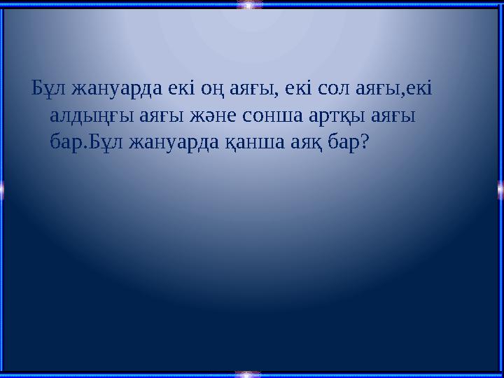 Бұл жануарда екі оң аяғы, екі сол аяғы,екі алдыңғы аяғы және сонша артқы аяғы бар.Бұл жануарда қанша аяқ бар?