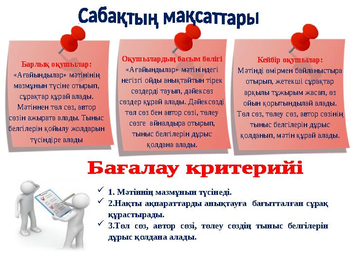 1. Мәтіннің мазмұнын түсінеді. 2.Нақты ақпараттарды анықтауға бағытталған сұрақ құрастырады. 3.Төл сөз, автор сөзі, төлеу
