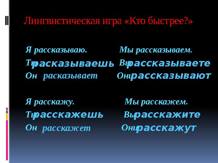 Лингвистическая игра «Кто быстрее?» Я рассказываю. Мы рассказываем. Ты Вы Он