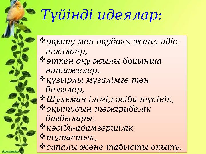Түйінді идеялар: оқыту мен оқудағы жаңа әдіс- тәсілдер, өткен оқу жылы бойынша нәтижелер, құзырлы мұғалімге тән белгілер,