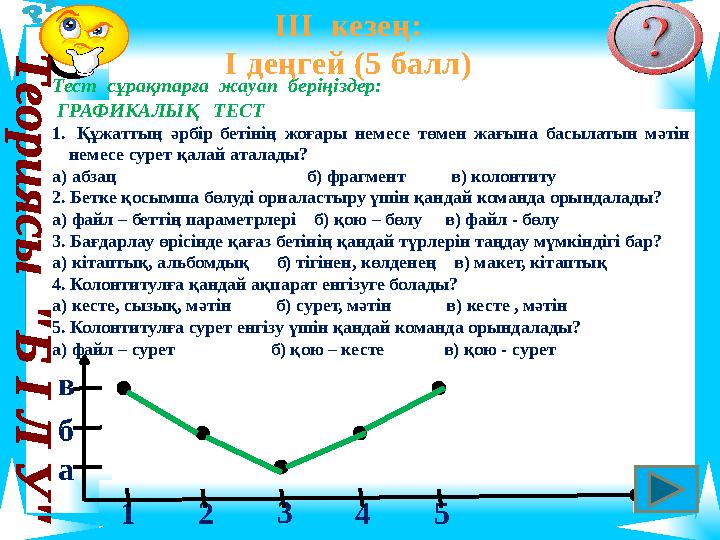 Тест сұрақтарға жауап беріңіздер: ГРАФИКАЛЫҚ ТЕСТ 1. Құжаттың әрбір бетінің жоғары немесе төмен жағына басылатын мәтін не