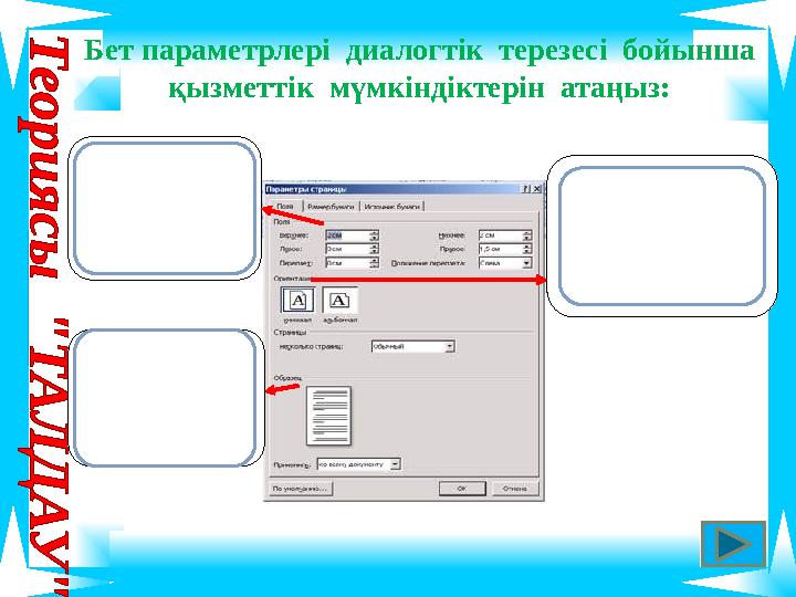 Бет параметрлері диалогтік терезесі бойынша қызметтік мүмкіндіктерін атаңыз: беттің жоғары, төмен, оң және сол жақ шекар