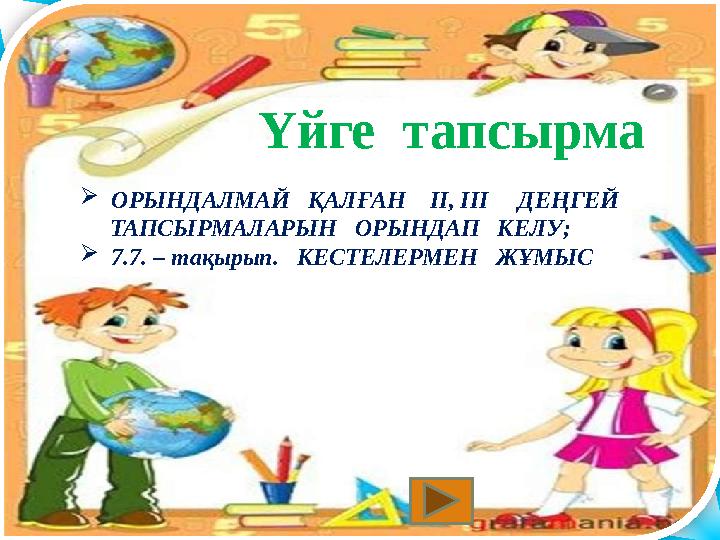 Үйге тапсырма  ОРЫНДАЛМАЙ ҚАЛҒАН ІІ, ІІІ ДЕҢГЕЙ ТАПСЫРМАЛАРЫН ОРЫНДАП КЕЛУ;  7.7. – тақырып. КЕСТЕЛЕР