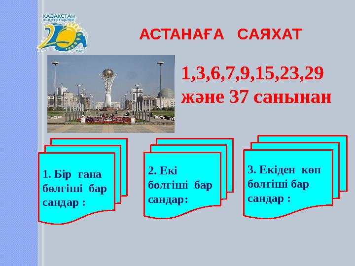 АСТАНАҒА САЯХАТ 1,3,6,7,9,15,23,29 және 37 санынан 1. Бір ғана бөлгіші бар сандар : 2. Екі бөлгіші бар сан