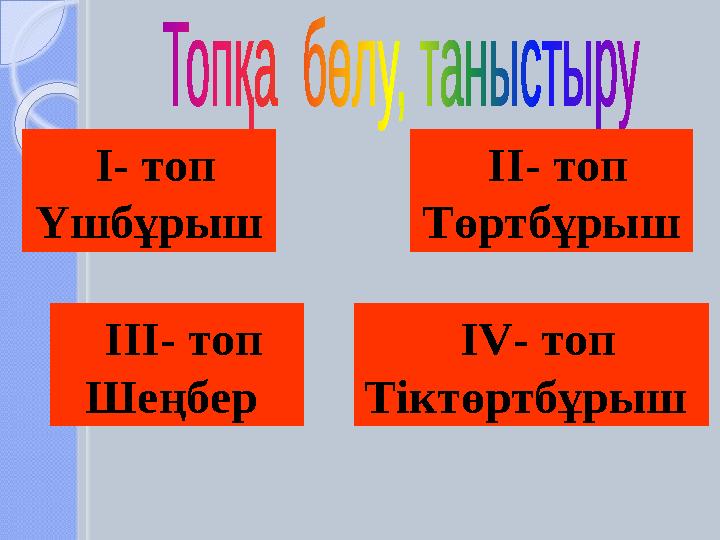 І- топ Үшбұрыш ІІІ- топ Шеңбер ІV- топ Тіктөртбұрыш ІІ- топ Төртбұрыш