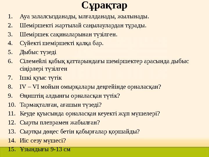 Сұрақтар 1. Ауа залалсызданады, ылғалданады, жылынады. 2. Шеміршекті жартылай саңылаулардан тұрады. 3. Шеміршек сақиналарынан тү