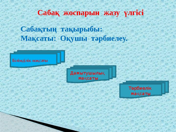 Сабақ жоспарын жазу үлгісі Сабақтың тақырыбы: Мақсаты: Оқушы тәрбиелеу. Білімділік мақсаты Дамытушылық мақсаты Тәрб