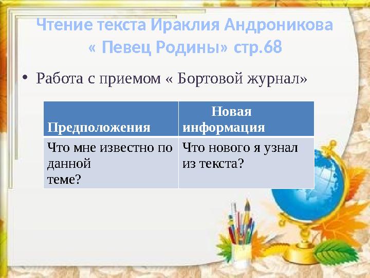 •Работа с приемом « Бортовой журнал» Чтение текста Ираклия Андроникова « Певец Родины» стр.68 Предположения Но