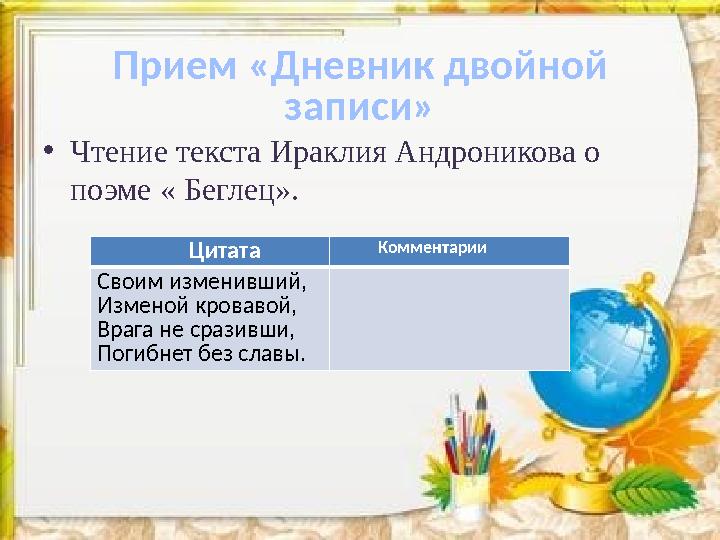 Прием «Дневник двойной записи» •Чтение текста Ираклия Андроникова о поэме « Беглец». Цитата Коммент