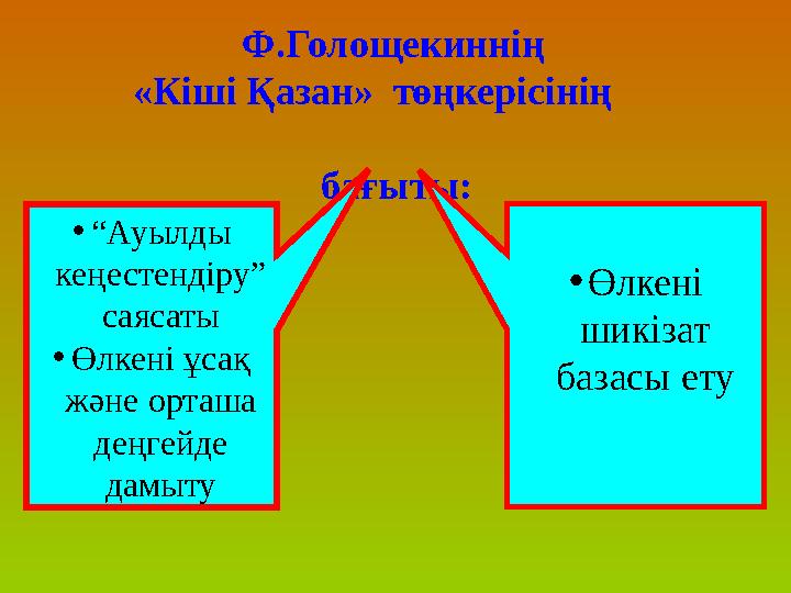 Ф.Голощекиннің «Кіші Қазан» төңкерісінің бағыты: • “ Ауылды кеңестендіру” саясаты