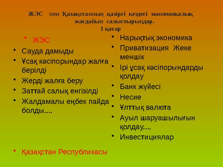 ЖЭС пен Қазақстанның қазіргі кездегі экономикалық жағдайын салыстырыңдар. 1 қатар • ЖЭС • Сау