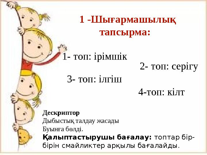 1 -Шығармашылық тапсырма: 1- топ: ірімшік 2- топ: серігу 3- топ: ілгіш 4-топ: кілт Дескриптор Дыбыстық талдау жасады Буынға