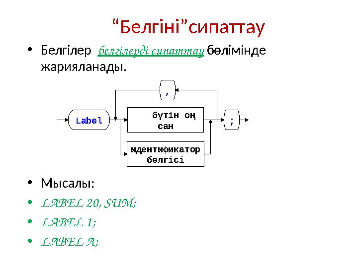 “ Белгіні ” сипаттау • Белгілер белгілерді сипаттау бөлімінде жарияланады. • Мысалы: • LABEL 20, SUM; • LABEL 1 ; • LABEL A