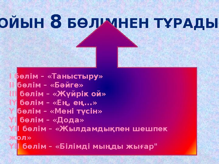 3 ОЙЫН 8 БӨЛІМНЕН ТҰРАДЫ: І бөлім – «Таныстыру» ІІ бөлім – «Бәйге» ІІІ бөлім – «Жүйрік ой» ІҮ бөлім – «Ең, ең...» Ү бөлім – «М