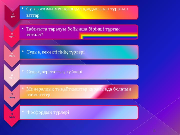 13 сұрақ • Сутек атомы мен қышқыл қалдығынан тұратын заттар 14 сұрақ • Табиғатта таралуы бойынша бірінші тұрған металл? 15