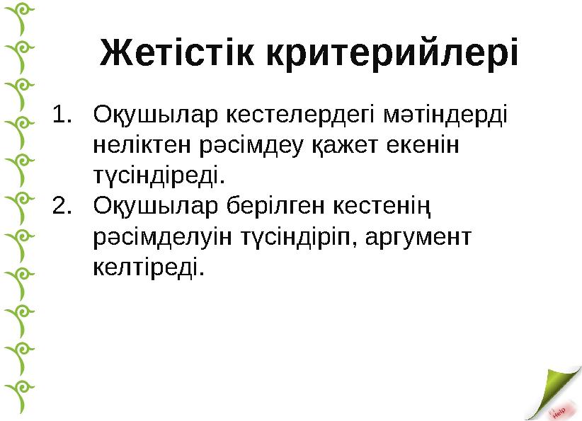 1.Оқушылар кестелердегі мәтіндерді неліктен рәсімдеу қажет екенін түсіндіреді. 2.Оқушылар берілген кестенің рәсімделуін түсі