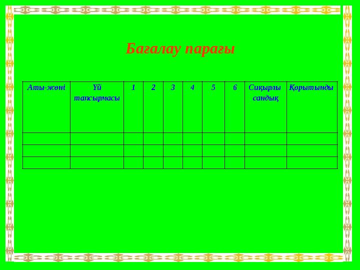 Бағалау парағы Аты-жөні Үй тапсырмасы 1 2 3 4 5 6 Сиқырлы сандық Қорытынды