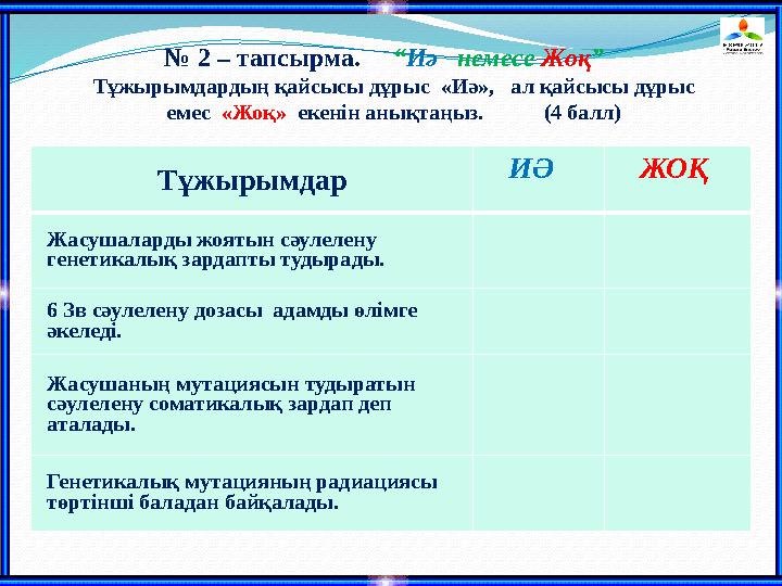 Тұжырымдар ИӘ ЖОҚ Жасушаларды жоятын сәулелену генетикалық зардапты тудырады. 6 Зв сәулелену дозасы адамды өлімге әке