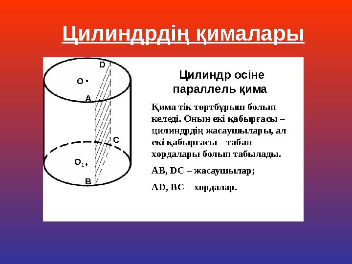 Цилиндрдің қималары Цилиндр осіне параллель қима Қима тік төртбұрыш болып келеді. Оның екі қабырғасы – цилиндрдің жасаушылар