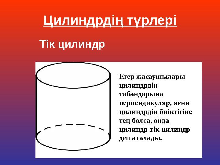 Тік цилиндр Егер жасаушылары цилиндрдің табандарына перпендикуляр, яғни цилиндрдің биіктігіне тең болса, онда цилиндр тік