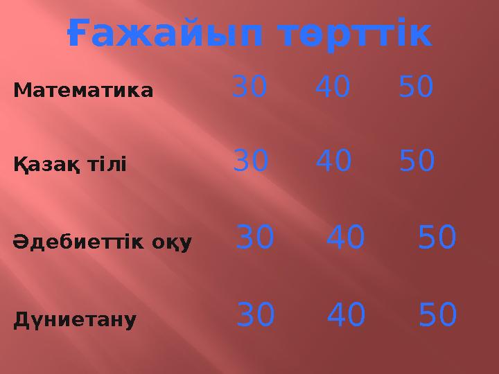 Ғажайып төрттік Математика 30 40 50 Қазақ тілі 30 40 50 Әдебиеттік оқу 30 40