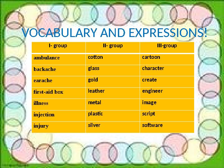 VOCABULARY AND EXPRESSIONS! I- group II- group III-group ambulance cotton cartoon backache glass character earache gold create f