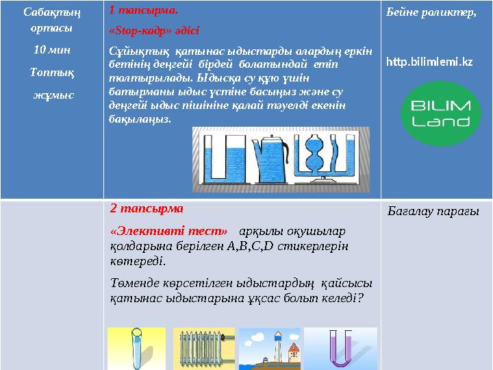 Сабақтың ортасы 10 мин Топтық жұмыс 1 тапсырма. «Stop-кадр» әдісі Сұйықтық қатынас ыдыстарды олардың еркін бетінің де