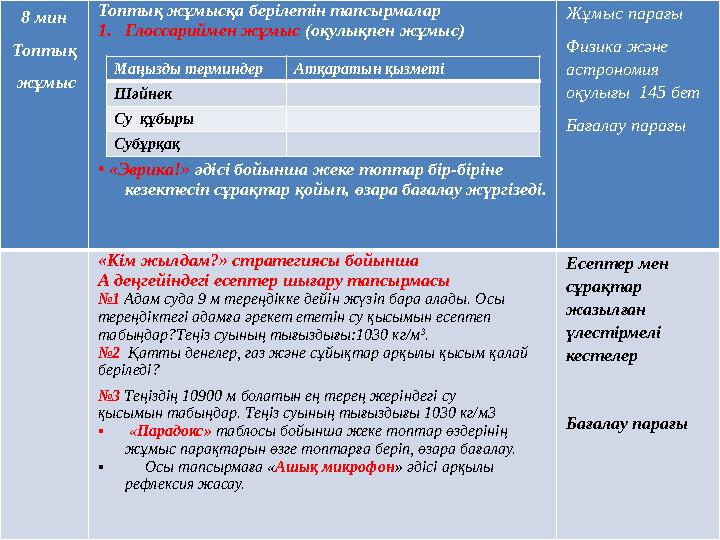 8 мин Топтық жұмыс Топтық жұмысқа берілетін тапсырмалар 1. Глоссариймен жұмыс (оқулықпен жұмыс) • «Эврика!» әдісі бойынша