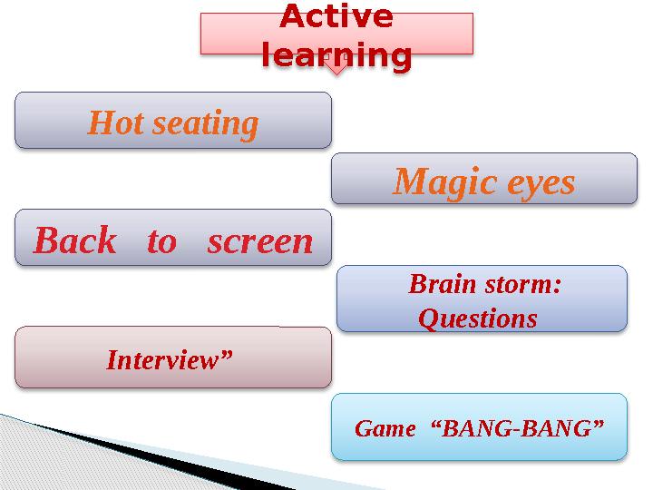 Active learning Hot seating Brain storm: Questions Interview” Game “BANG-BANG” Magic eyes Back to screen