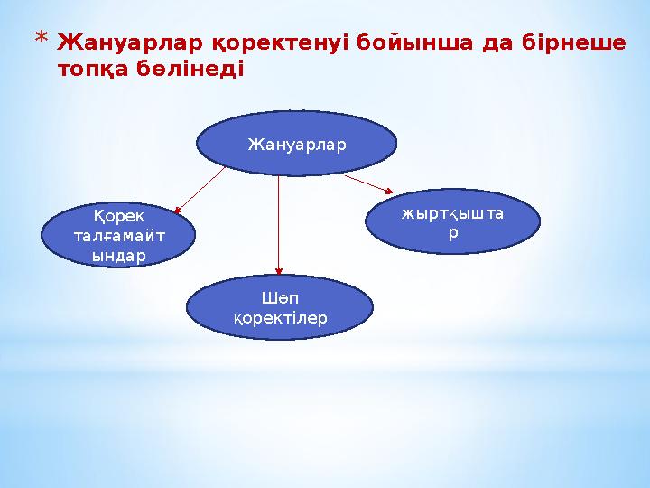 * Жануарлар қоректенуі бойынша да бірнеше топқа бөлінеді Жануарлар Қорек талғамайт ындар жыртқышта р Шөп қоректілер