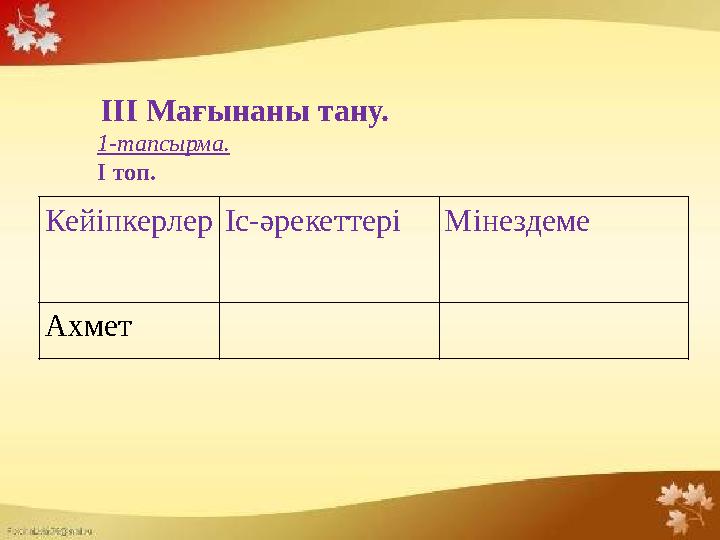 Кейіпкерлер Іс-әрекеттері Мінездеме Ахмет III Мағынаны тану. 1-тапсырма. I топ.