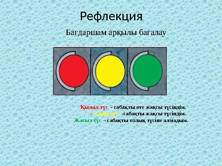 Рефлекция Бағдаршам арқылы бағалау Қызыл түс - сабақты өте жақсы түсіндім.