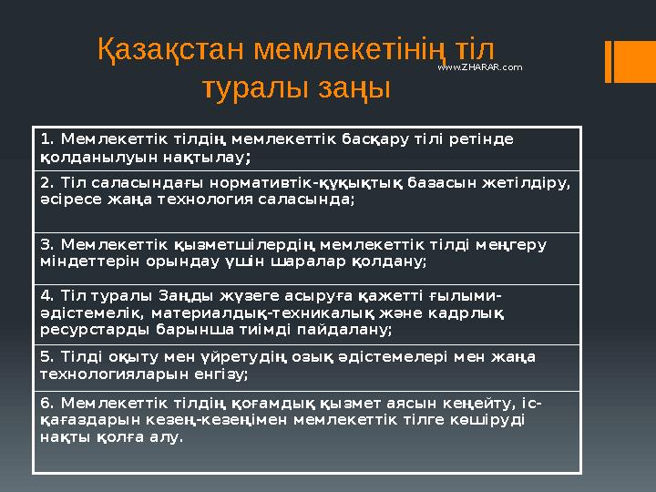 Қазақстан мемлекетінің тіл туралы заңы 1. Мемлекеттік тілдің мемлекеттік басқару тілі ретінде қолданылуын нақтылау ; 2. Тіл с