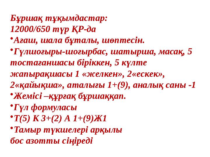 Бұршақ тұқымдастар: 12000/650 түр ҚР-да •Ағаш, шала бұталы, шөптесін. •Гүлшоғыры-шоғырбас, шатырша, ма