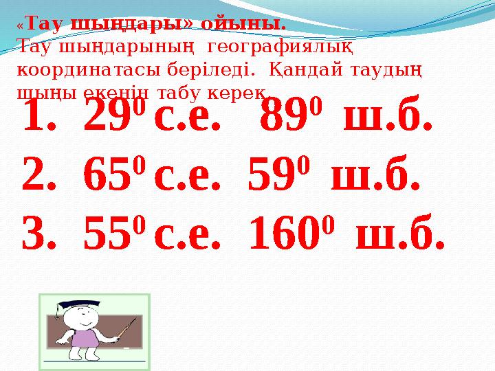 1. 29 0 с.е. 89 0 ш.б. 2. 65 0 с.е. 59 0 ш.б. 3. 55 0 с.е. 160 0 ш.б. «Тау шыңдары» ойыны. Тау шыңдарының геогр
