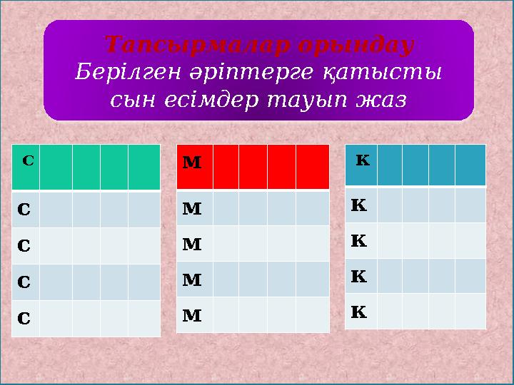 Тапсырмалар орындау Берілген әріптерге қатысты сын есімдер тауып жаз с с с с с м м м м м к к к к к