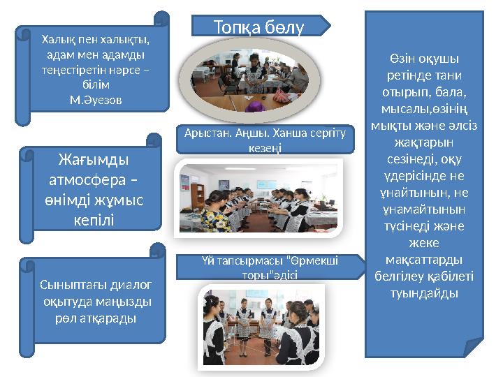 Халық пен халықты, адам мен адамды теңестіретін нәрсе – білім М.Әуезов Жағымды атмосфера – өнімді жұмыс кепілі Арыстан. Аңш