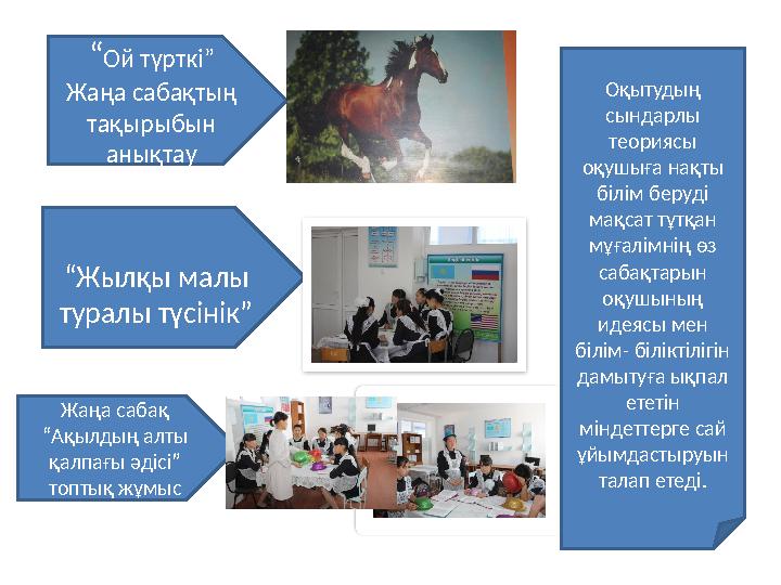 “Ой түрткі” Жаңа сабақтың тақырыбын анықтау Жаңа сабақ “Ақылдың алты қалпағы әдісі” топтық жұмыс “Жылқы малы туралы түсін