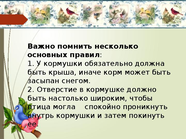 Важно помнить несколько основных правил : 1. У кормушки обязательно должна быть крыша, иначе корм может быть засыпан снегом.