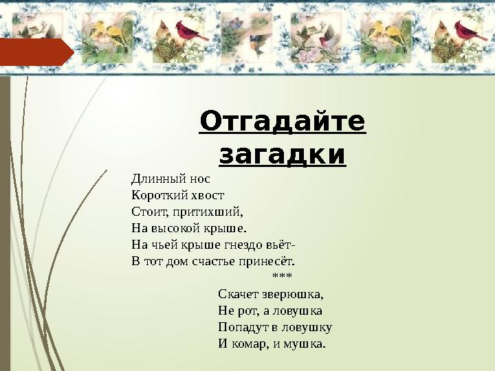 Отгадайте загадки Длинный нос Короткий хвост Стоит, притихший, На высокой крыше. На чьей крыше гнездо вьёт- В тот дом счастье п