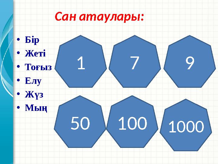 Сан атаулары: •Бір •Жеті •Тоғыз •Елу •Жүз •Мың 1 7 50 9 1001000