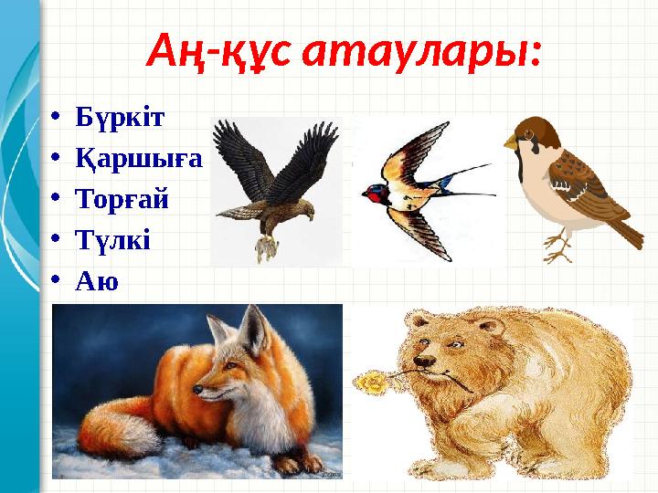 •Бүркіт •Қаршыға •Торғай •Түлкі •Аю Аң-құс атаулары: