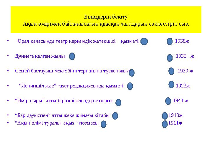 • Орал қаласында театр көркемдік жетекшісі қызметі 1938ж