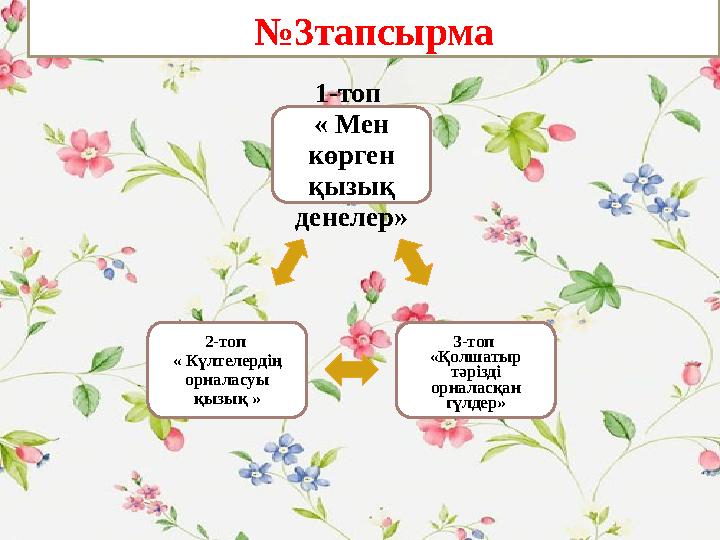1-топ « Мен көрген қызық денелер» 3-топ «Қолшатыр тәрізді орналасқан гүлдер» 2-топ « Күлтелердің орналасуы қызық » №3