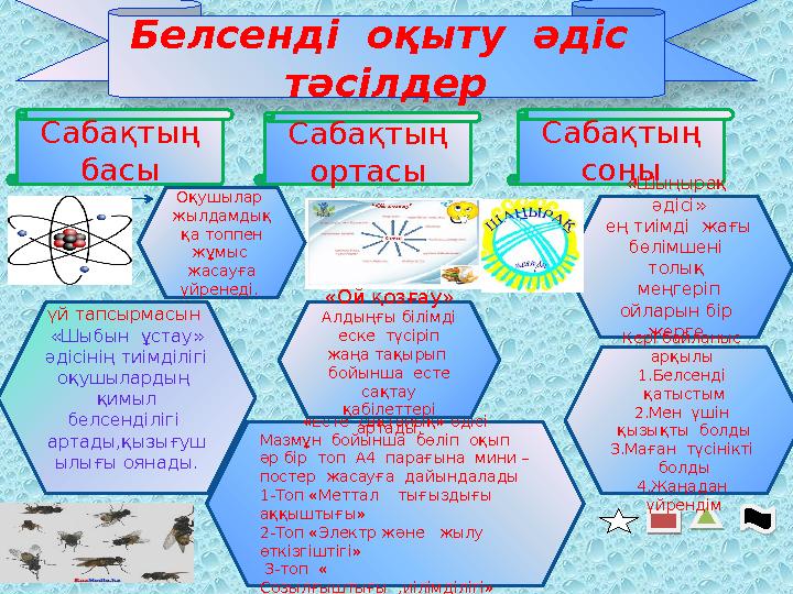 Белсенді оқыту әдіс тәсілдер Сабақтың басы Сабақтың ортасы Сабақтың соңы үй тапсырмасын «Шыбын ұстау» әдісінің тиімд