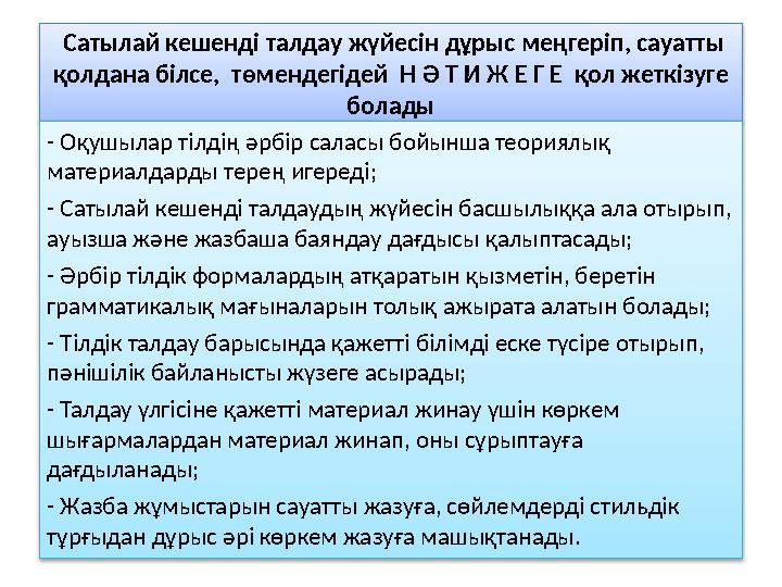 Сатылай кешенді талдау жүйесін дұрыс меңгеріп, сауатты қолдана білсе, төмендегідей Н Ә Т И Ж Е Г Е қол жеткізуге болады