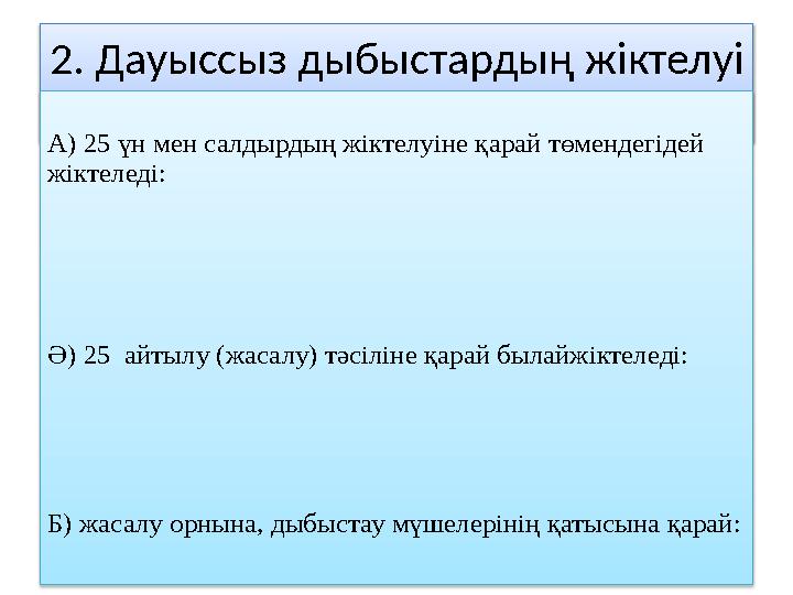 2. Дауыссыз дыбыстардың жіктелуі А) 25 үн мен салдырдың жіктелуіне қарай төмендегідей жіктеледі: Ә) 25 айтылу (жасалу) т