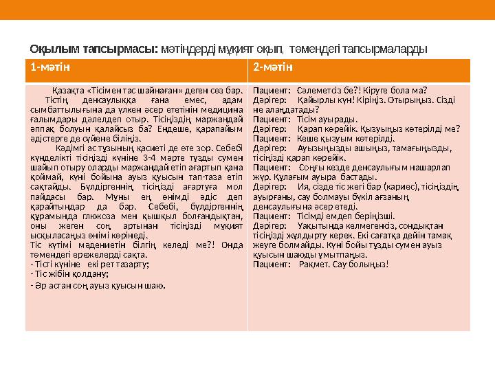 Оқылым тапсырмасы: мәтіндерді мұқият оқып, төмендегі тапсырмаларды орында. 1-мәтін 2-мәтін Қазақта «Тісімен тас ш